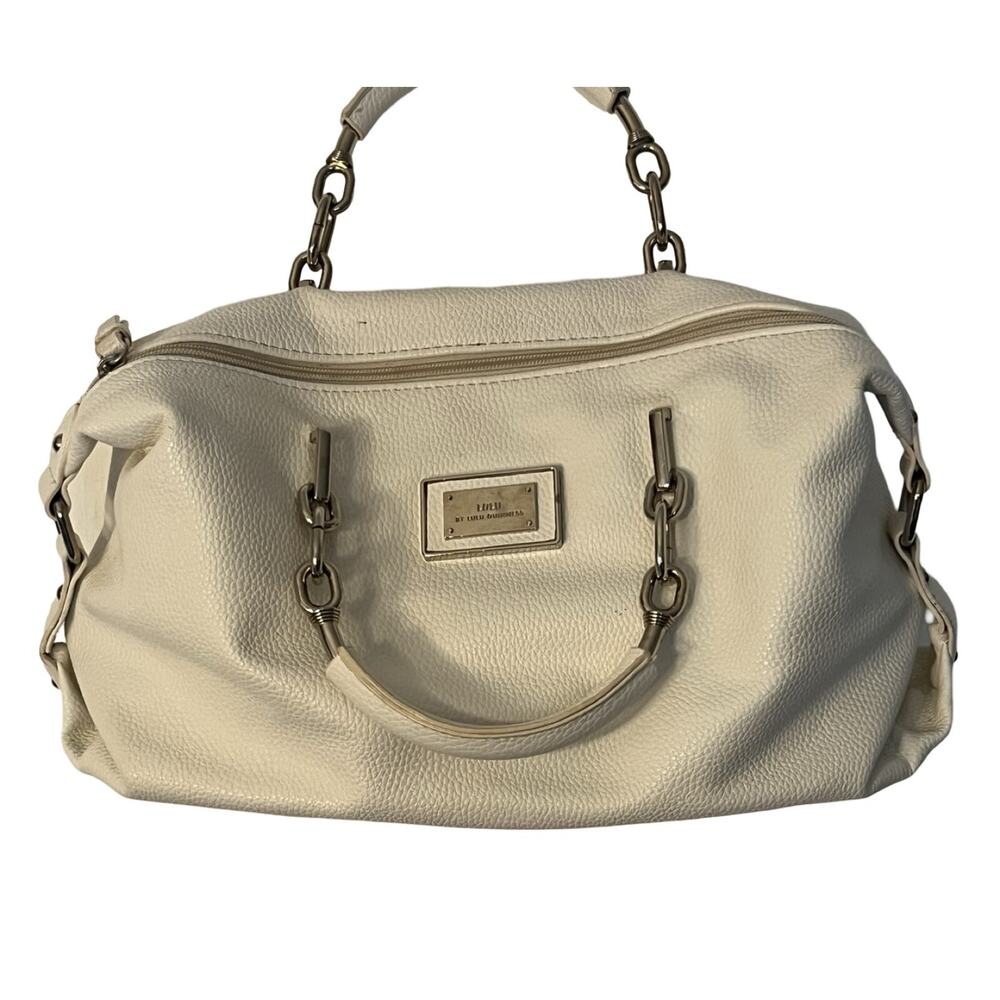 Lulu Guiness Satchell Handbag White Top Handle Zip Close Pockets Silver Accents
